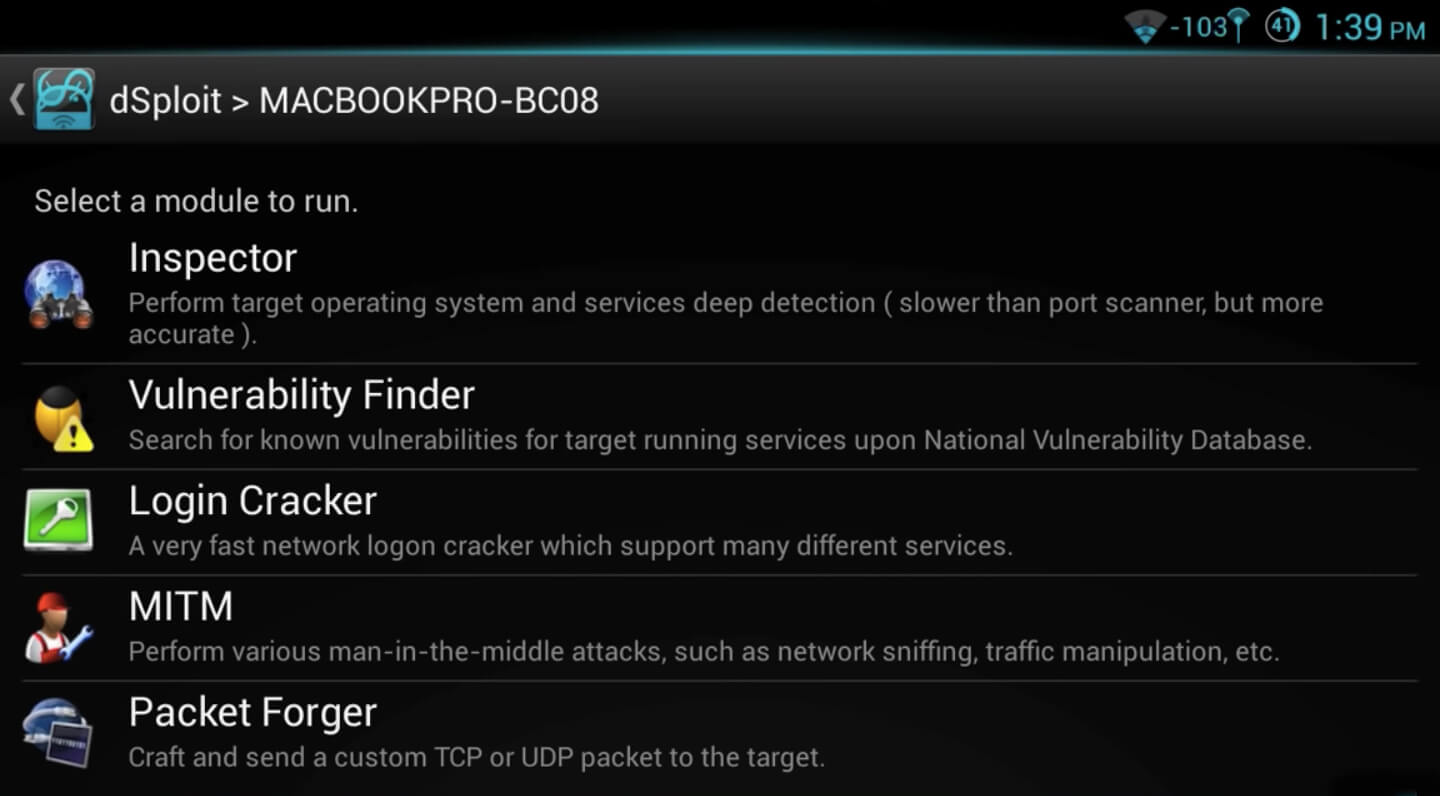 Screenshot dSploit APK v1.0.31b untuk Analisis Jaringan
